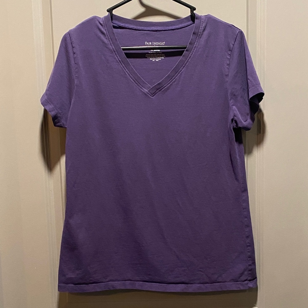 Fair Indigo Organic Cotton V Neck Purple Pima Soft Sustainable Made in Peru L
